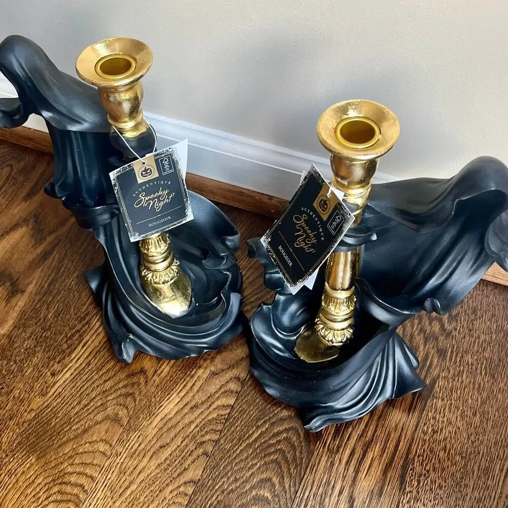Spooky Night Halloween Viral Black Ghost Gold Candle Holders Decor Set (2)